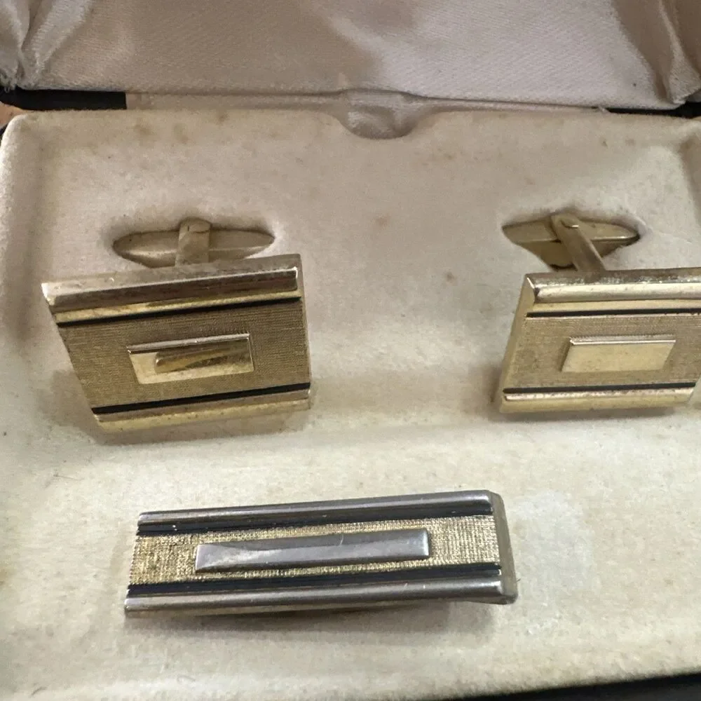 Vintage Foster Rectangular Gold Filled  Cufflinks and Tie Pin in Original Box